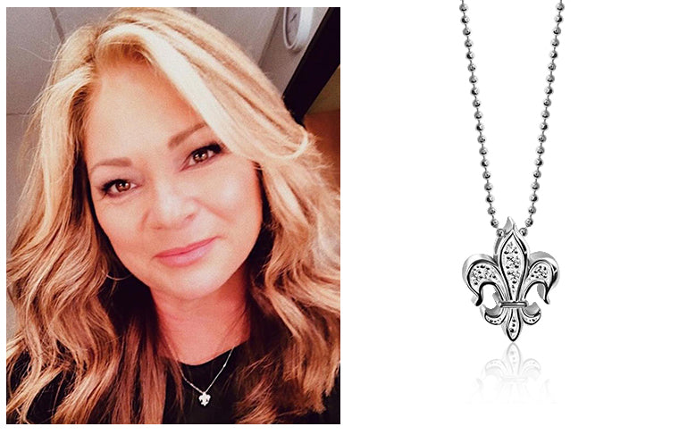 Valerie Bertinelli wearing Alex Woo Little Faith Fleur de Lis in 14kt White Gold with Diamonds