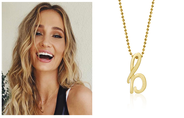 Brianna Barnes wearing Alex Woo Little Autograph Letter B in 14k Yellow Gold
