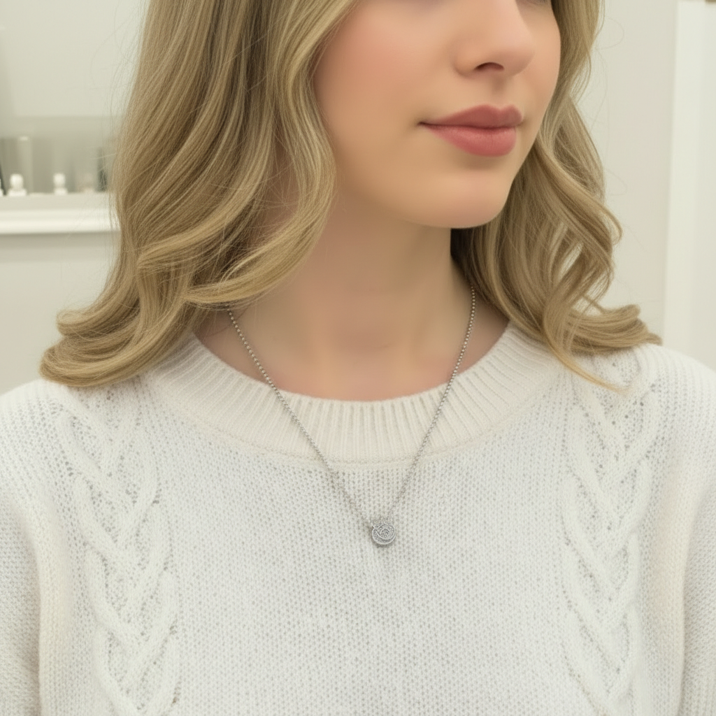Model in a white sweater wearing the Alex Woo Dreaming Cat charm necklace in sterling silver