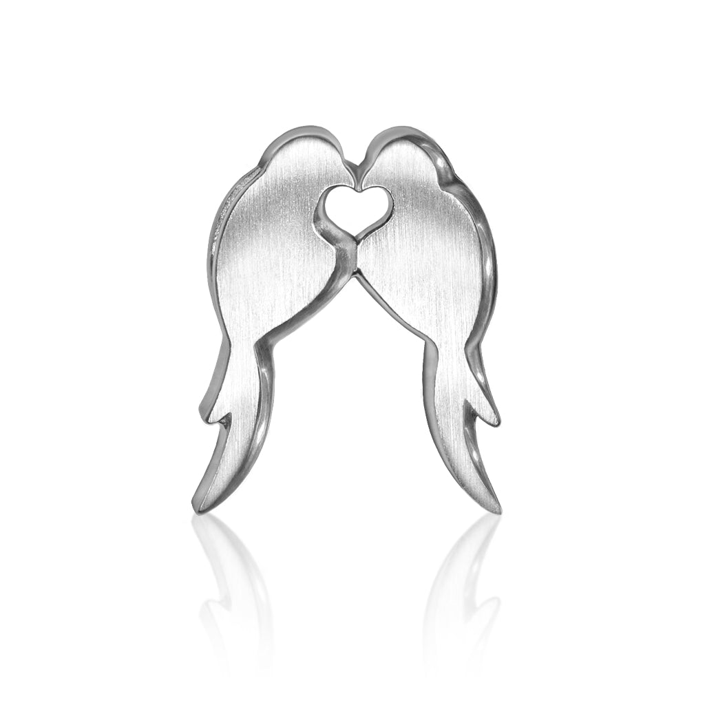 A sterling silver charm in the shape of two lovebirds with a hidden heart design, part of the Alex Woo Little Icons collection.